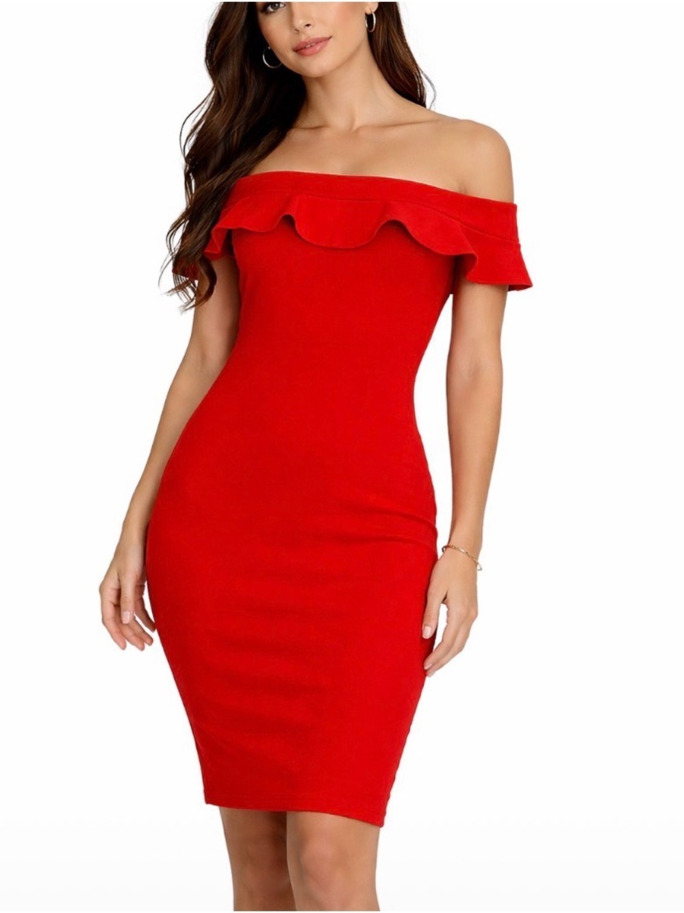 Eliza J. dress below knee ruffle shoulder line form fitting red zip up SZ 8